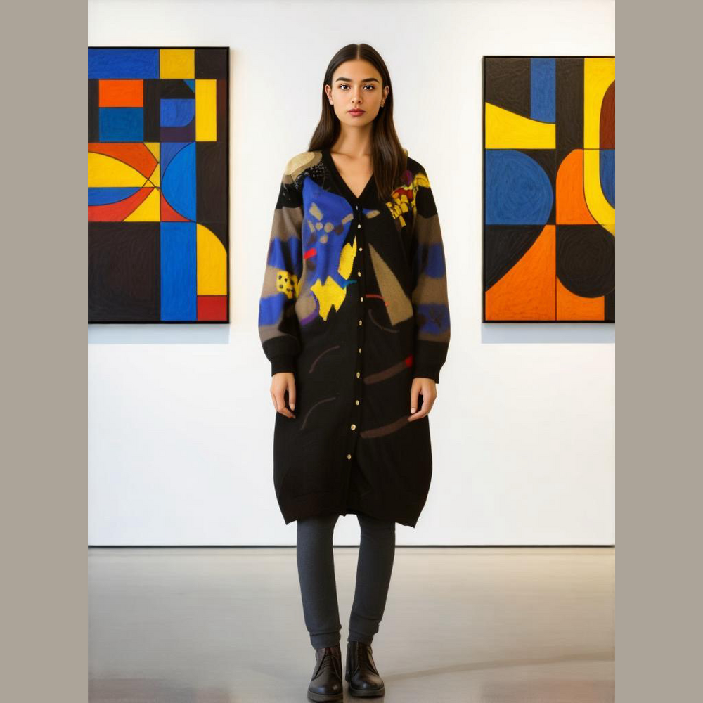 Black Mixed-Print Long Button Cardigan Sweater